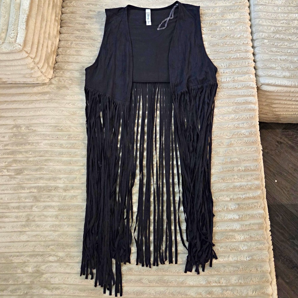 Lovely Day Womens Black Sleeveless Open Front Fringe Long Vest Boho S biker